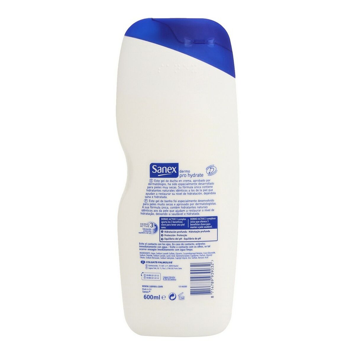 Fugtgivende Shower Gel Sanex Pro Hydrate 600 ml hudplejeemballage
