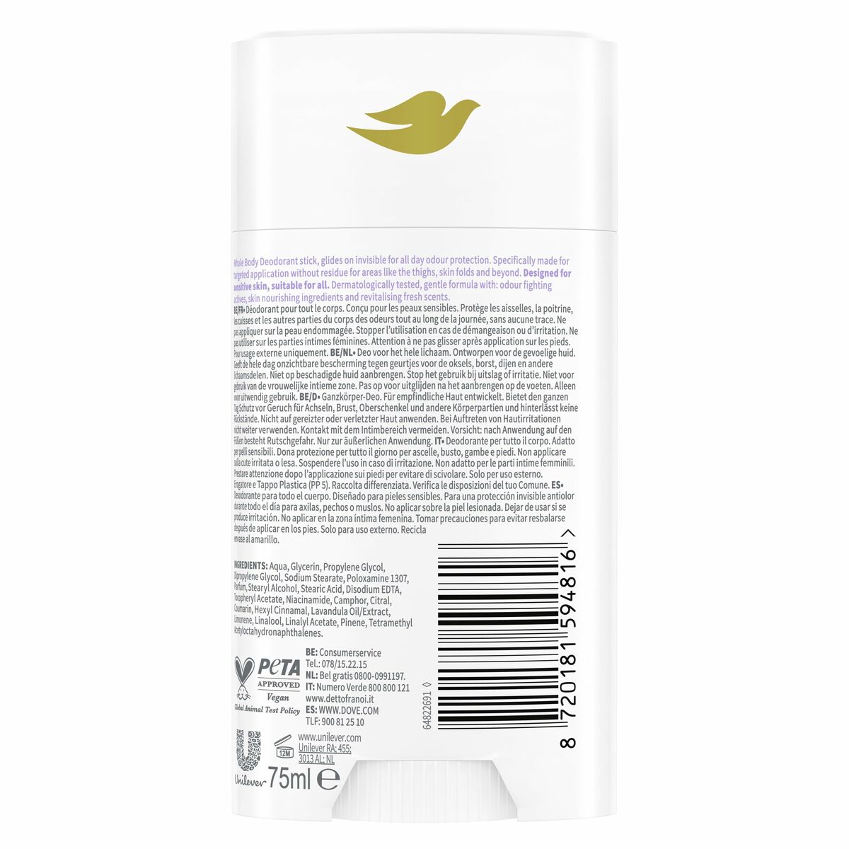 Stick Deodorant Dove LAVANDA og CAMOMILA 75ml produktemballage
