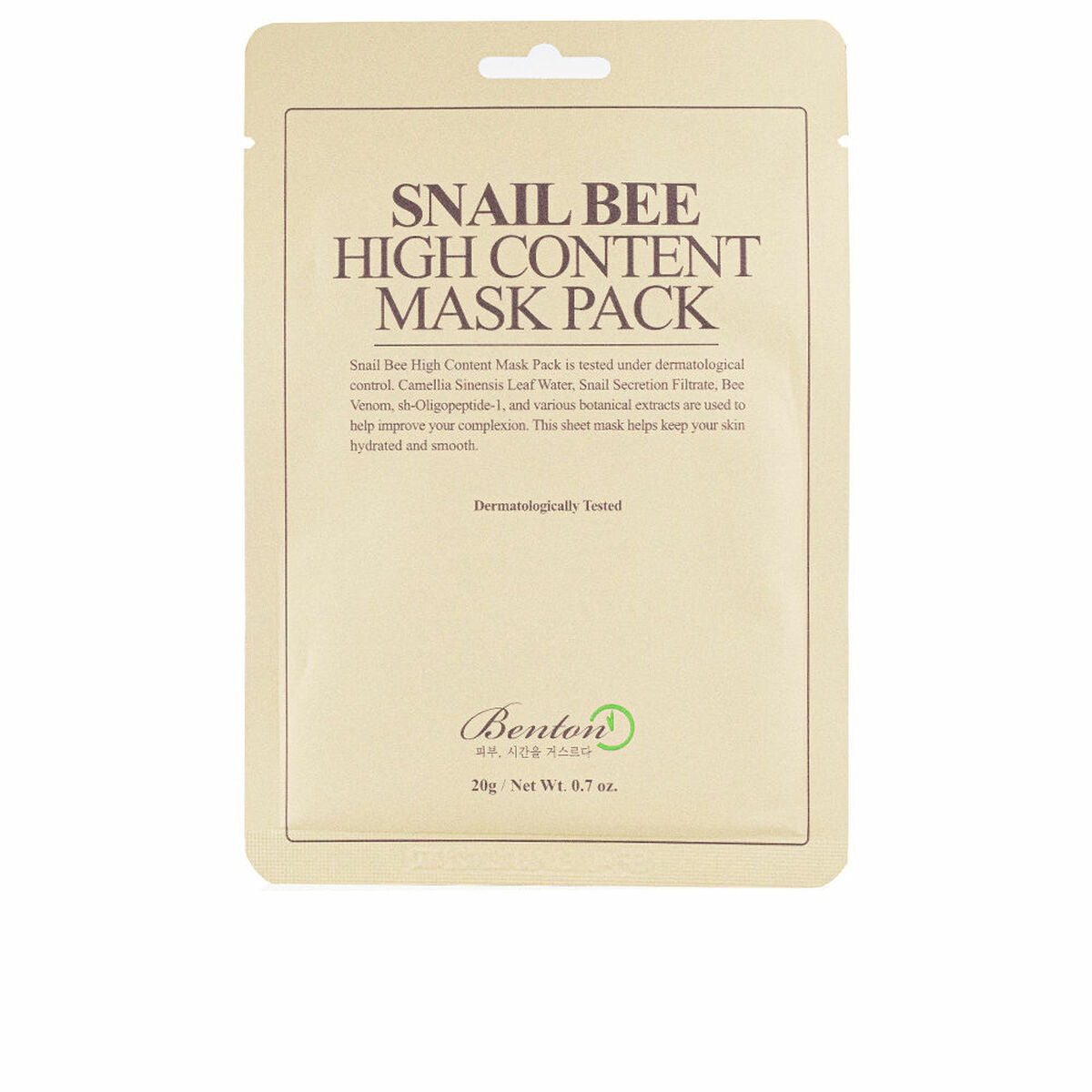 Ansigtsmaske Benton Snail Bee Højt indhold 20 ml til kvinder maske emballage