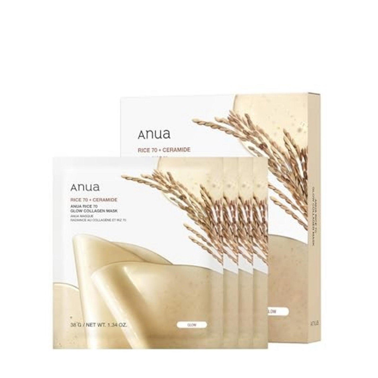 Set, Anua, Rice 70 Glow, Collagen, Glow, Sheet Mask, For Face, 4 pcs, 38 g