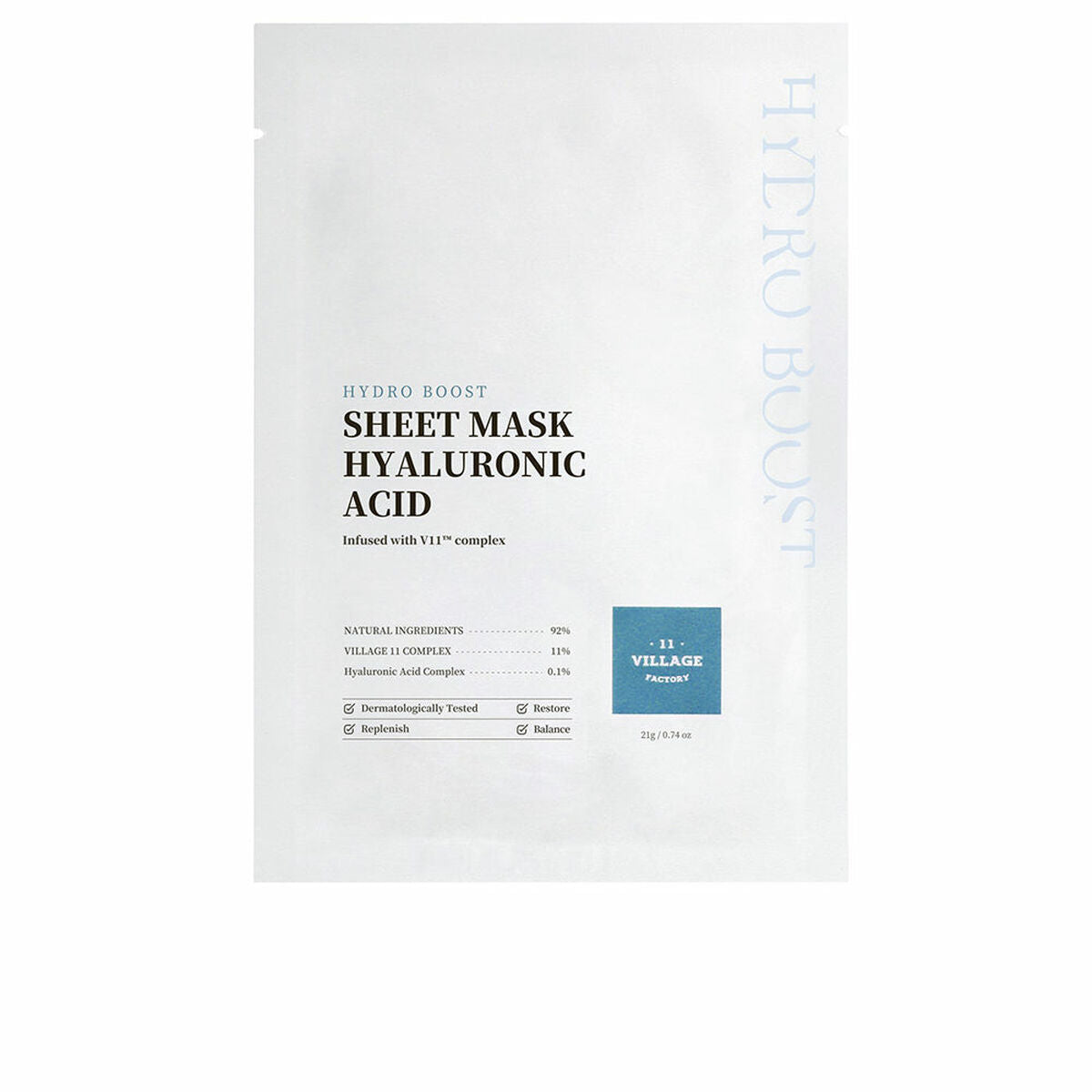 Facial Mask Village 11 Factory Hydro Boost Hyaluronsyre 23 g til kvinder maske emballage