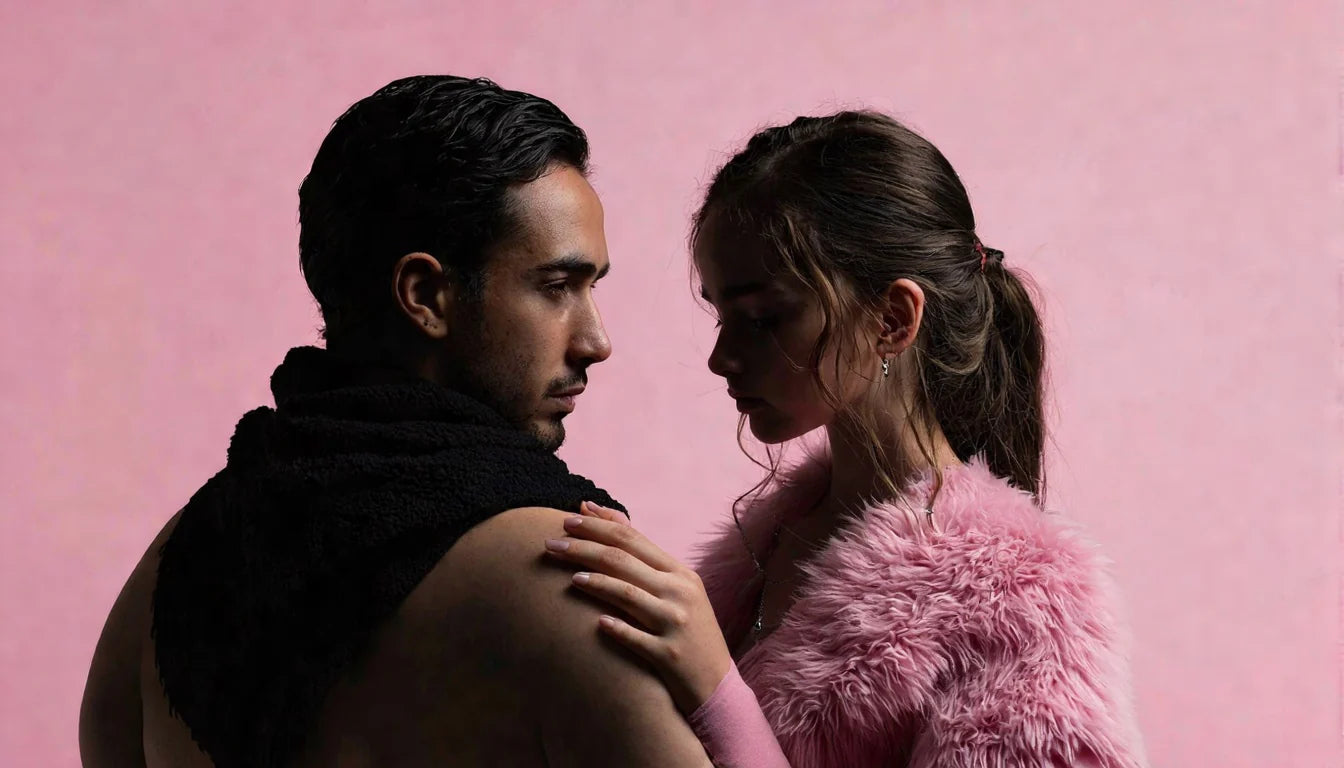 Two people standing close together against a pink background