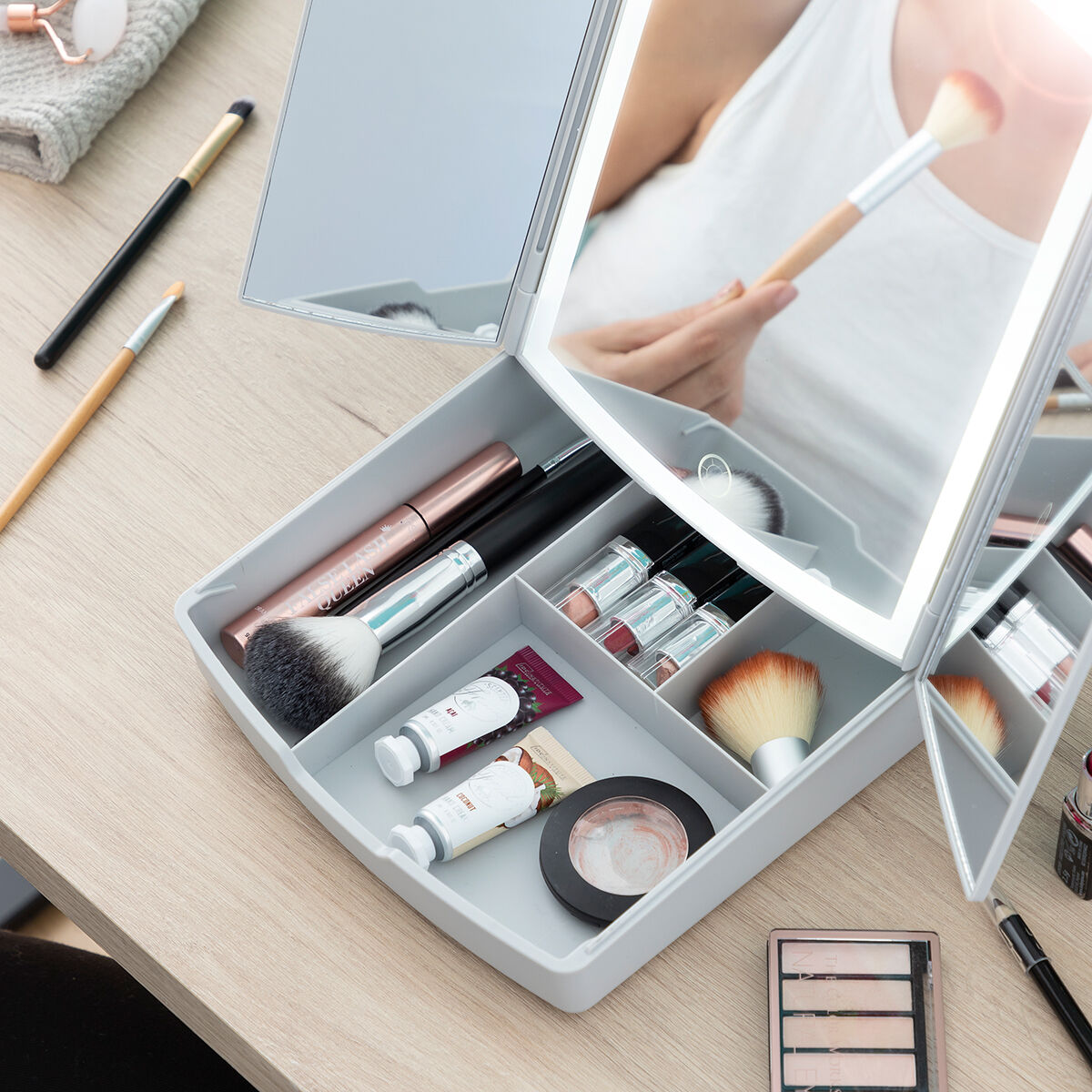 3-i-1 foldeligt LED-spejl med make-up-organisator Panomir InnovaGoods produktemballage