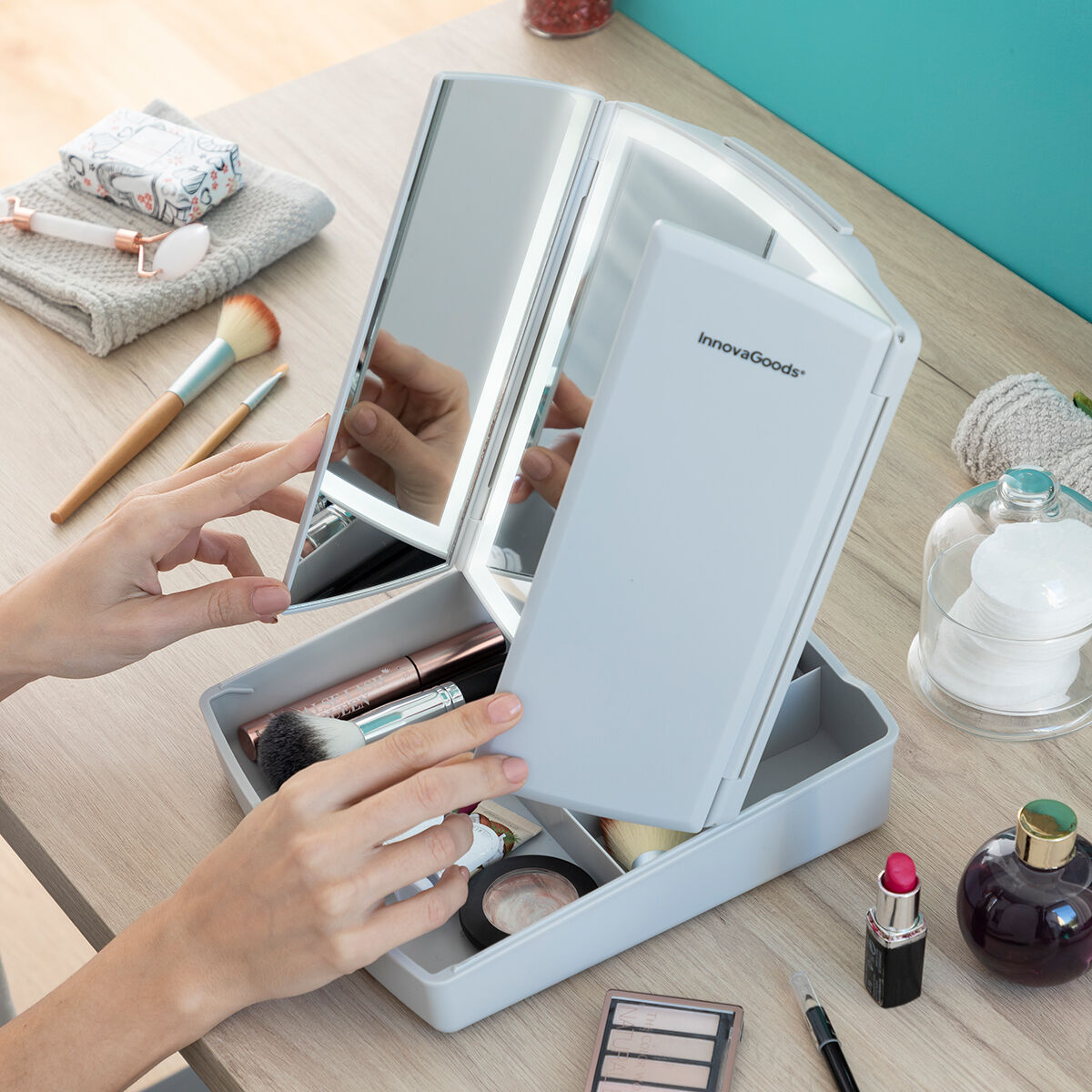 3-i-1 foldeligt LED-spejl med make-up-organisator Panomir InnovaGoods produktemballage