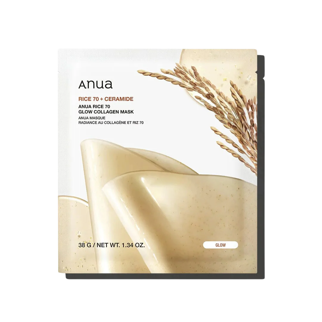 Set, Anua, Rice 70 Glow, Collagen, Glow, Sheet Mask, For Face, 4 pcs, 38 g
