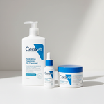 Cerave hudplejeprodukter inklusive en skummende rens, serum og creme på en lys baggrund