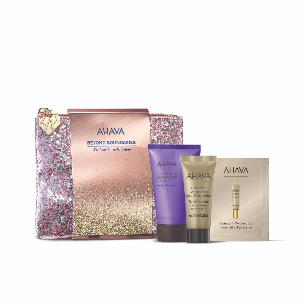 It's Your Time to Shine Set Ahava: Osmoter Concetrate, Smoothing, Lotion, For Face, 15 ml + Osmoter Concetrate, Illuminating, Eye Serum, 2 ml *Sample + Deadsea Water Mineral, Hydration, Hand Cream, Floral, 40 ml + Ahava, GWP Textile Pouch