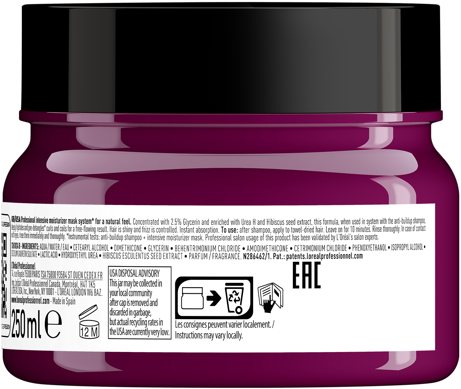 L'Oreal Professionnel, Serie Expert Curl Expression, Glycerin2.5% + Urea H + Hibiscus Seed, Hair Treatment Cream Mask, Intense Moisturizing, 250 ml