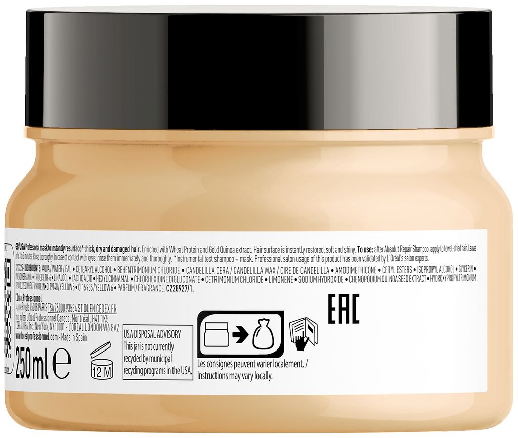 L'Oreal Professionnel, Serie Expert Absolut Repair, Protein + Gold Quinoa, Hair Treatment Cream Mask, Instant Resurfacing, 250 ml