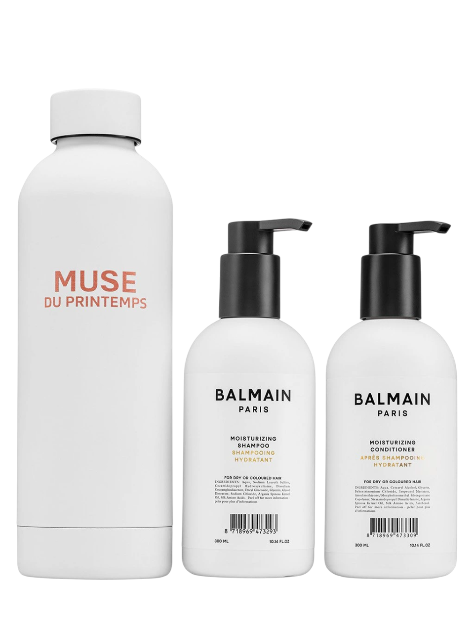 Set Balmain Professionnel: Balmain Professionnel, Argan Oil, Hair Shampoo, Moisturizing, 300 ml + Balmain Professionnel, Hair Conditioner, For Moisturizing, 300 ml + Muse Du Printemps, GWP Steel Water Bottle, White