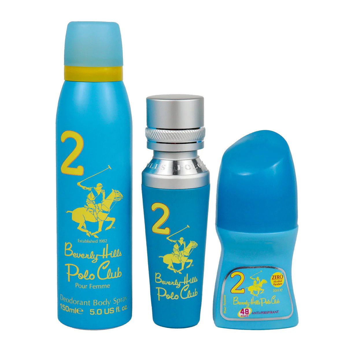 Set Beverly Hills Polo Club: No. 2, Eau De Parfum, For Women, 50 ml + No. 2, Anti-Perspirant, Deodorant Roll-On, For Women, 50 ml + 1982 - Sport 2, Freshness, Body Spray, 150 ml