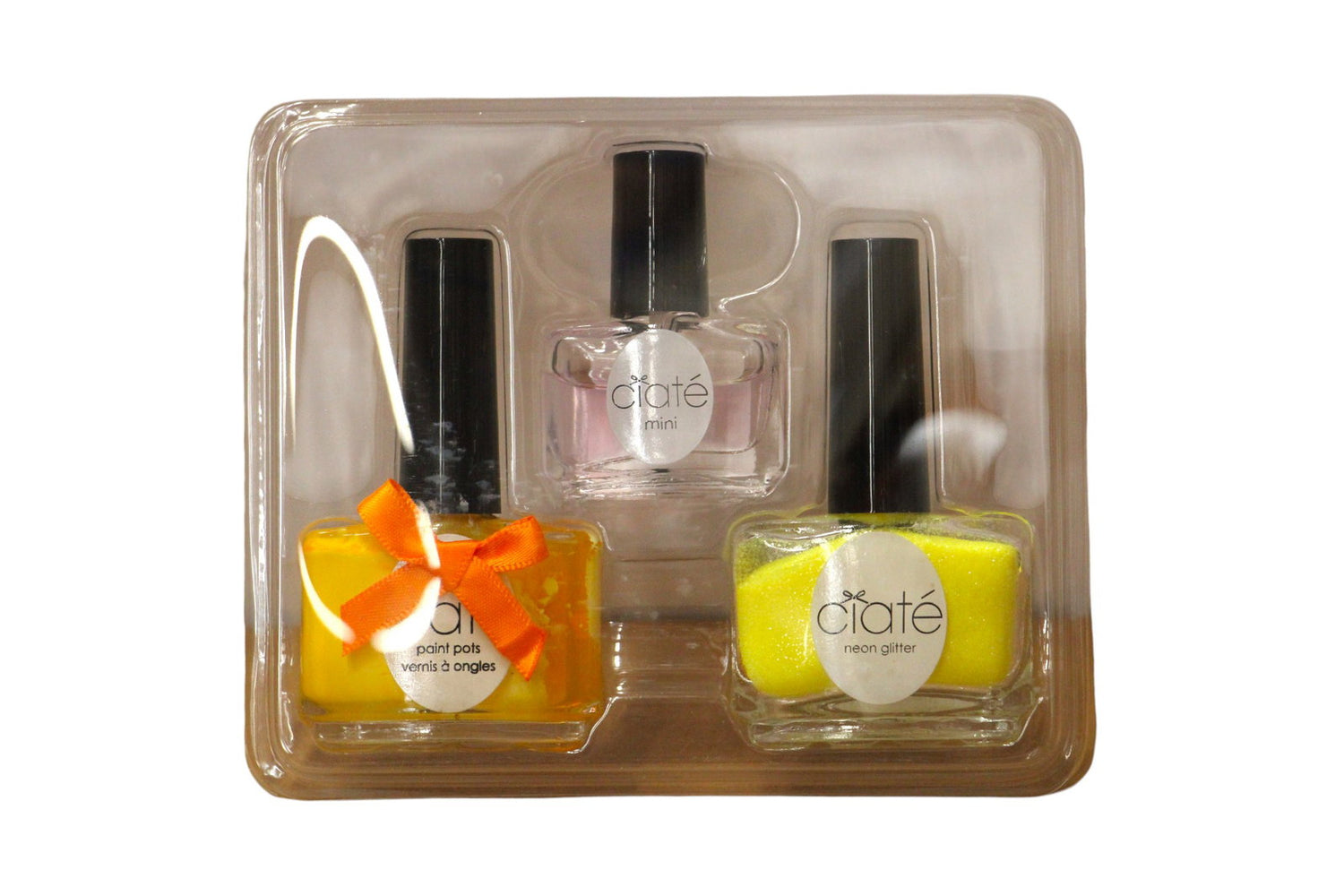 Set Ciate London: Paint Pot, Top Coat, Nail Polish, Black Light, 5 ml + Paint Pot, Nail Polish, Neon Glitter, 10 g + Paint Pot, Nail Polish, Neon Orange, 13.5 ml