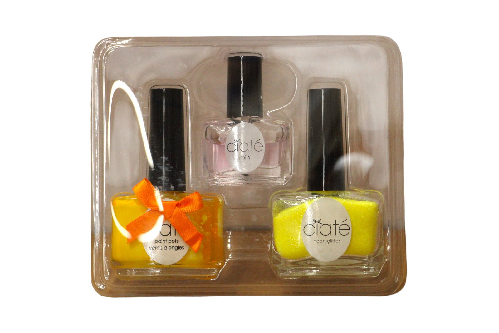 Set Ciate London: Paint Pot, Top Coat, Nail Polish, Black Light, 5 ml + Paint Pot, Nail Polish, Neon Glitter, 10 g + Paint Pot, Nail Polish, Neon Orange, 13.5 ml