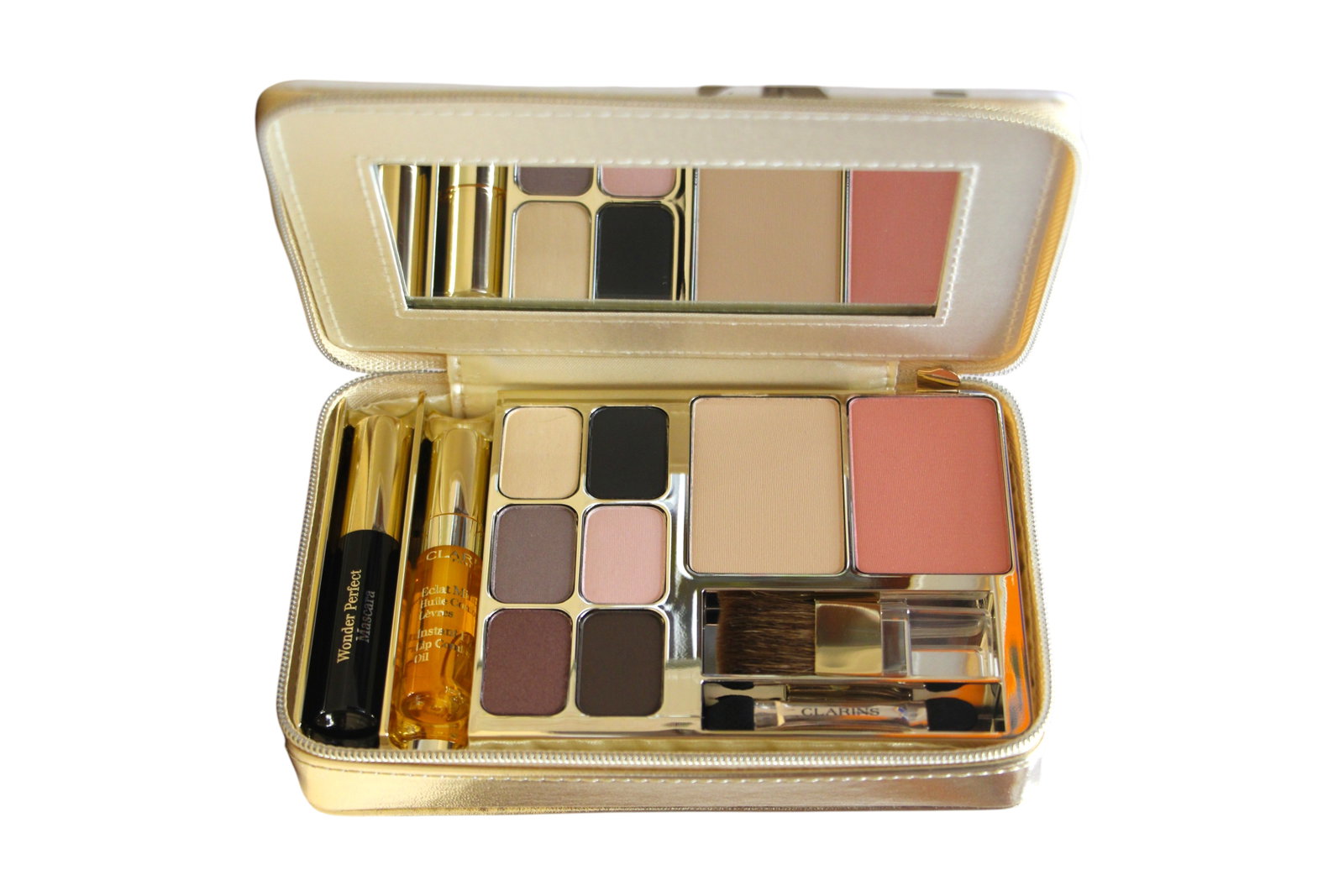 Set Clarins: Clarins, Multi-use, Face Palette, 8 Shades, 18 g + Wonder Volume, Volumising, Mascara, Black, 3 ml *Miniature + Lip Comfort, Glossy, Lip Oil, 2.8 ml *Miniature + Clarins, GWP Textile Pouch