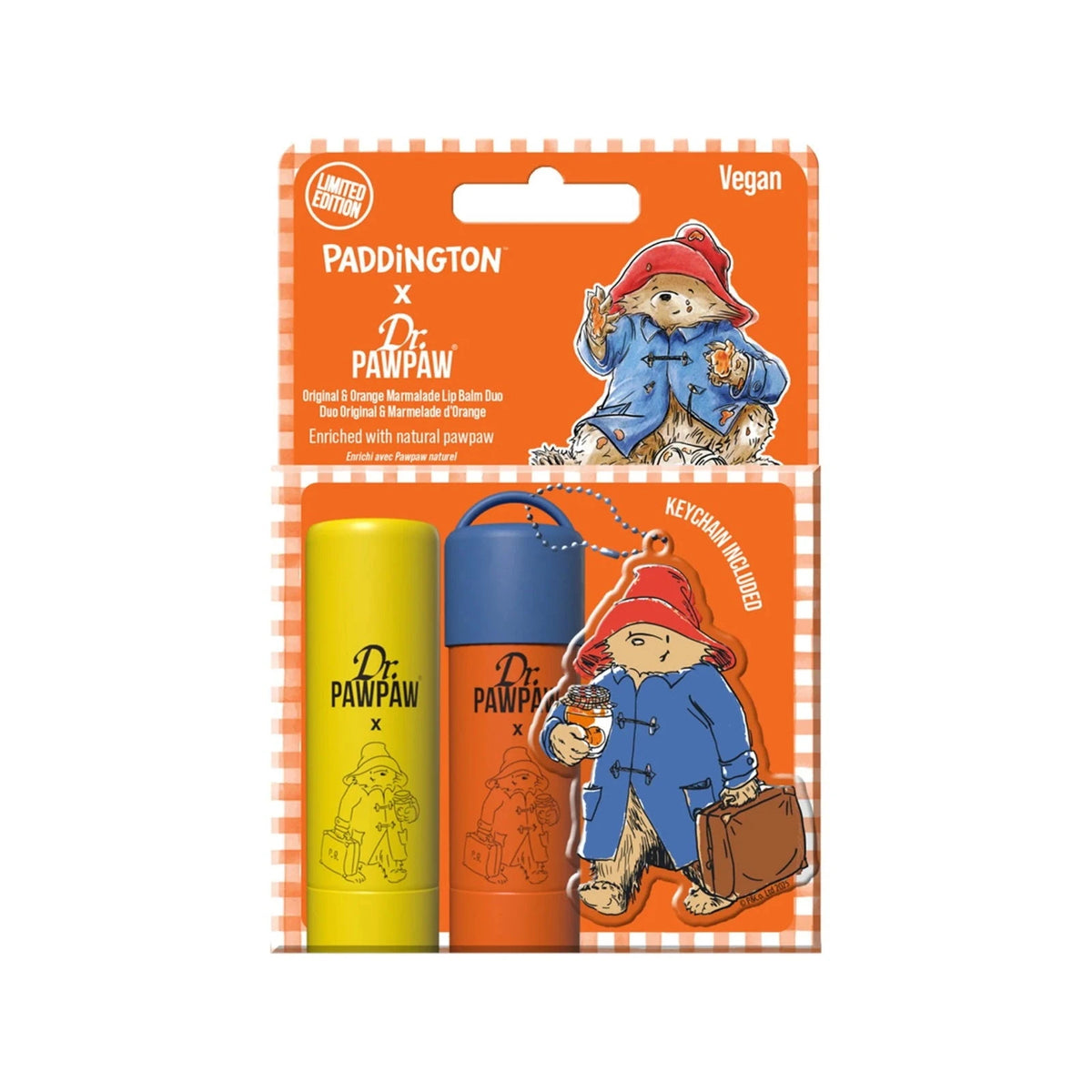Sæt Dr. PawPaw: Paddington Bear Original Balm, Vegansk, Læbepomade, 4 g + Paddington Orange Marmalade, Fugtgivende, Læbepomade, 4 g + Paddington Bear, Metalnøglering