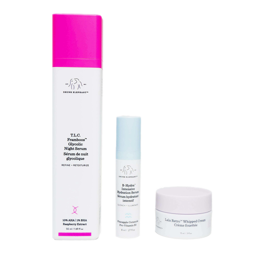 Set Drunk Elephant: T.L.C. Framboos Glycolic, Refining, Night, Serum, For Face, 50 ml +  B-Hydra Intensive, Hydrating, Serum, For Face, 8 ml + Lala Retro, Recovery, Cream, For Face, 15 ml