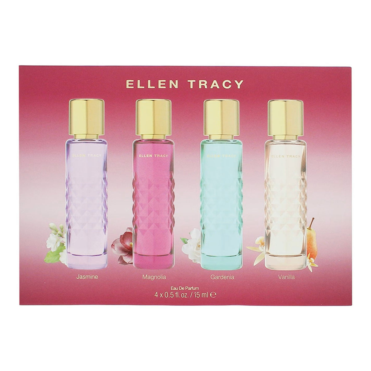 Set Ellen Tracy: Quilted Gardenia, Eau De Parfum, For Women, 15 ml + Quilted Vanilla, Eau De Parfum, For Women, 15 ml + Quilted Magnolia, Eau De Parfum, For Women, 15 ml + Quilted Jasmine, Eau De Parfum, For Women, 15 ml