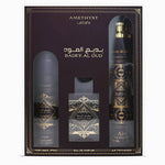 Set Lattafa: Bade'e al Oud Amethyst, Eau De Parfum, For Men, 100 ml + Bade'e al Oud Amethyst, Body Spray, 200 ml + Bade'e al Oud Amethyst, Room Spray, 300 ml