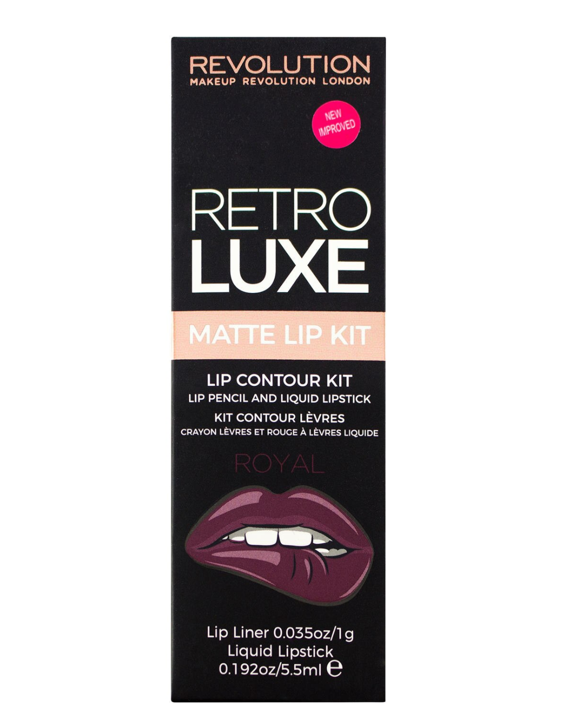Set Makeup Revolution: Retro Luxe, Matte, Liquid Lipstick, Royal, 5.5 ml + Retro Luxe, Lip Liner, Royal, 1 g