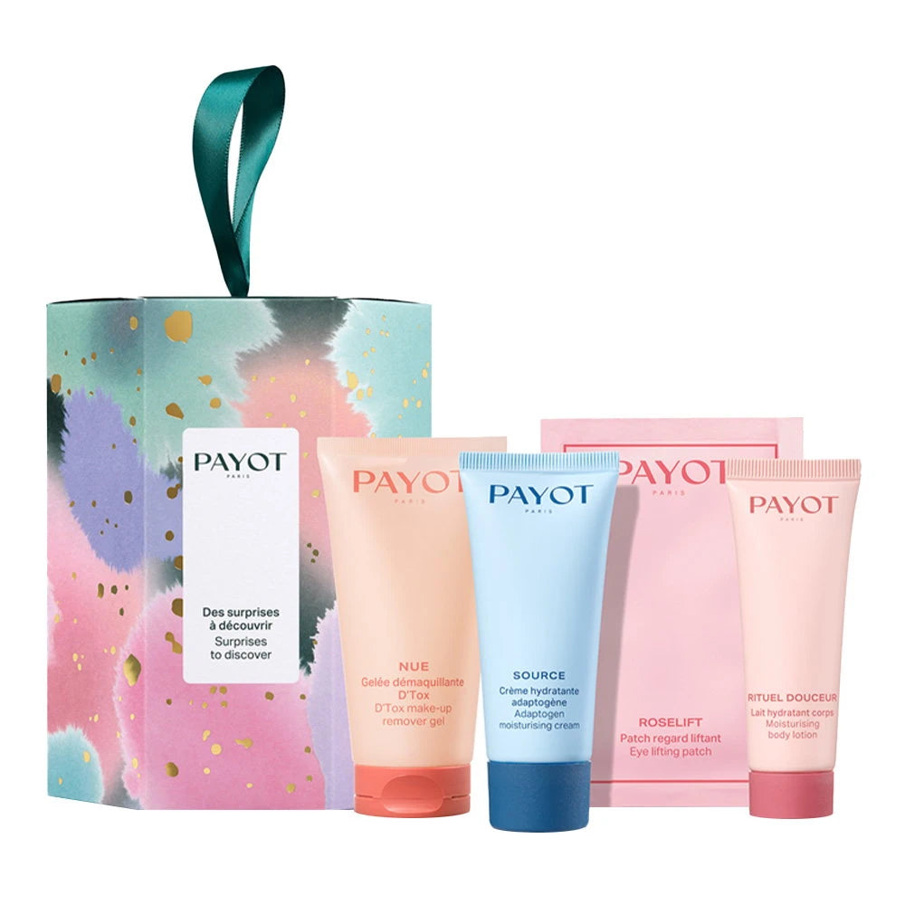 Sæt Payot: , Makeupfjernergel, 50 ml + Source Adaptogen, Fugtgivende, Creme, Til ansigtet, 30 ml + Rituel Douceur, Fugter, Kropslotion, Krop, 25 ml + Roselift, Løftende, Øjenpatch, 2 pcs, 2 g