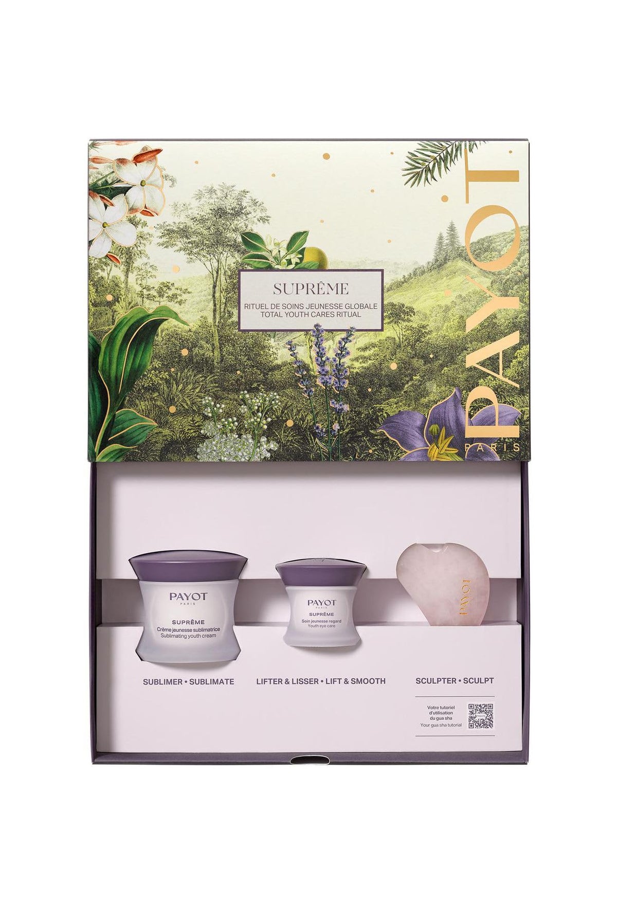 Sæt Payot: Supreme Sublimating, Anti-aging, Dag, Creme, Til ansigtet, 50 ml + Supreme Sublimating, Forskønnende, Øjencreme, 15 ml + Gua Sha, Lyserød, Løftende, Ansigtsmassagesten