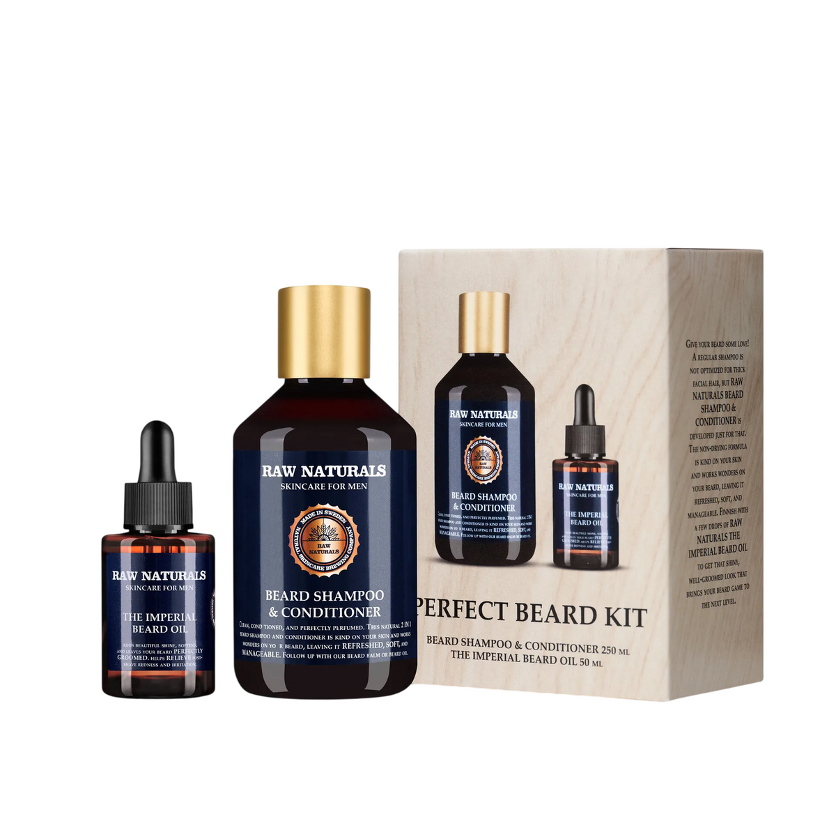 Raw Naturals Perfect Beard Kit - Sæt med shampoo, balsam og olie 250 ml + 50 ml