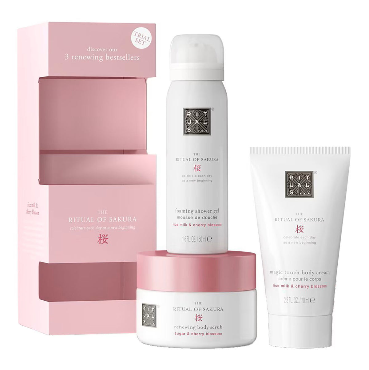 Set Rituals: The Ritual Of Sakura, Shower Mousse, 50 ml + The Ritual Of Sakura, Rejuvenating, Body Scrub, 125 g + The Ritual Of Sakura, Hydrating, Body Cream, 70 ml