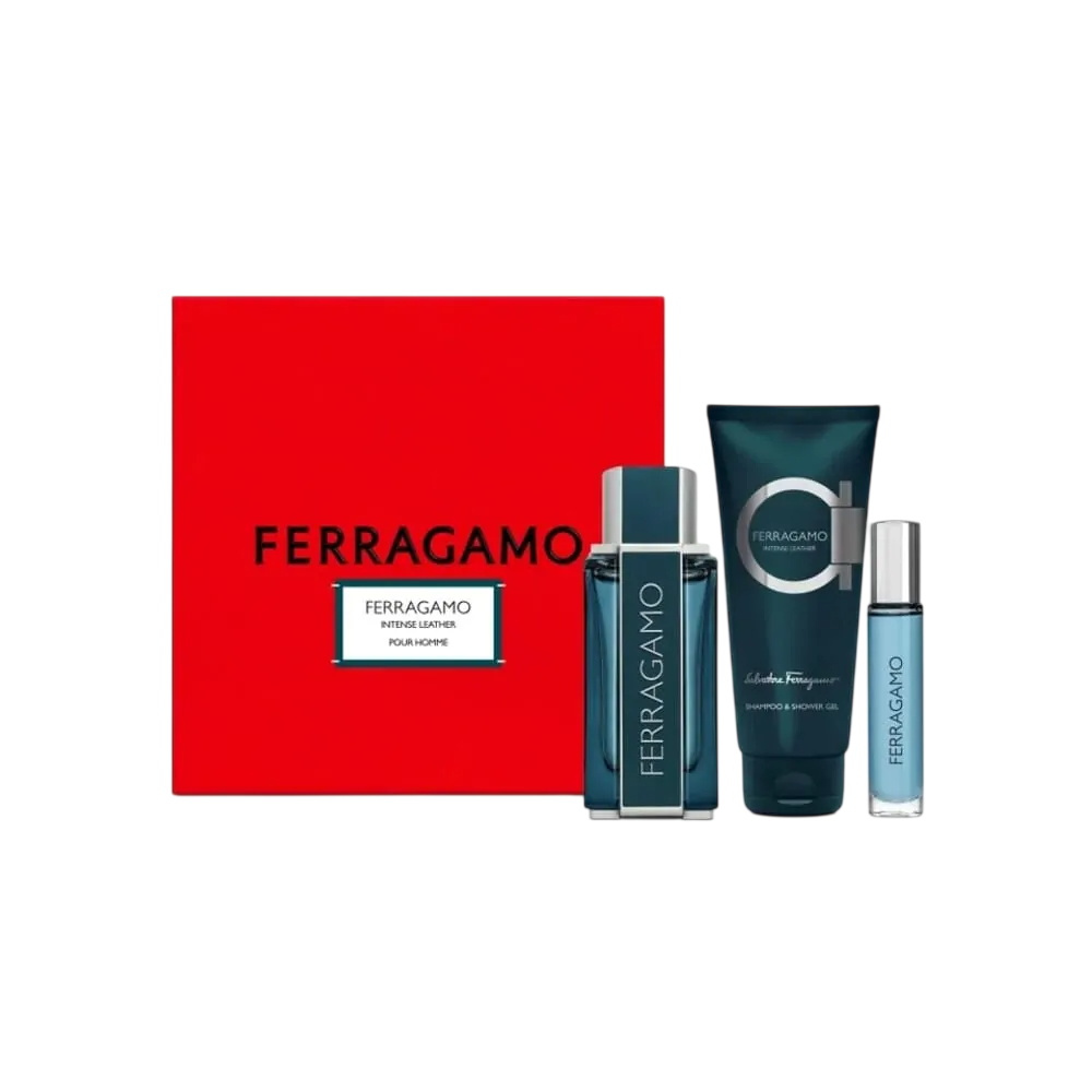 Set Salvatore Ferragamo: Intense Leather, Eau De Parfum, For Men, 100 ml + Intense Leather, Eau De Parfum, For Men, 10 ml + Intense Leather, Shower Gel, All Skin Types, 100 ml