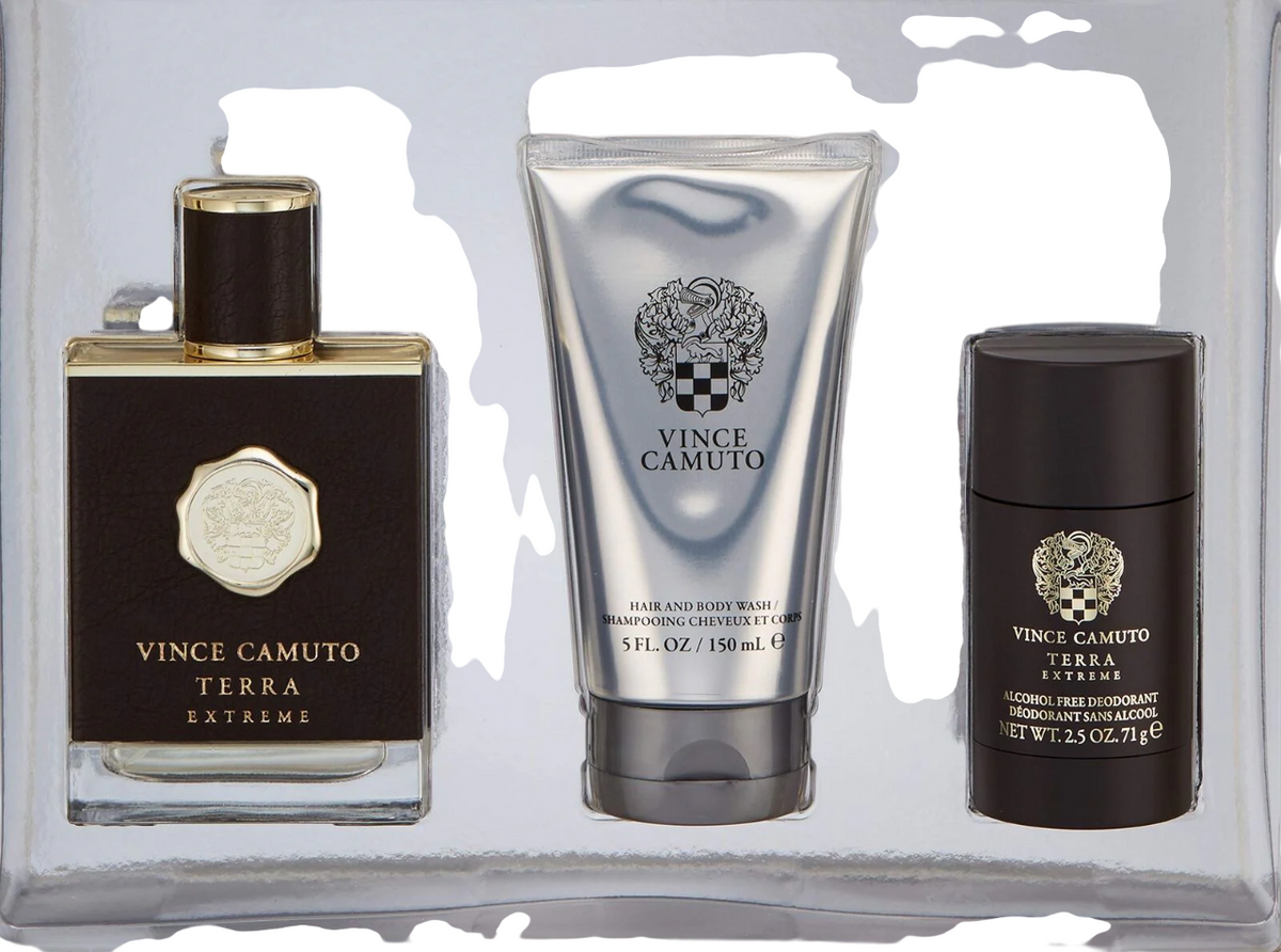 Set Vince Camuto: Terra Extreme, Eau De Toilette, For Men, 100 ml + Terra Extreme, Anti-Perspirant, Deodorant Stick, For Men, 71 g + Terra Extreme, Shower Gel & Shampoo 2-In-1, 150 ml