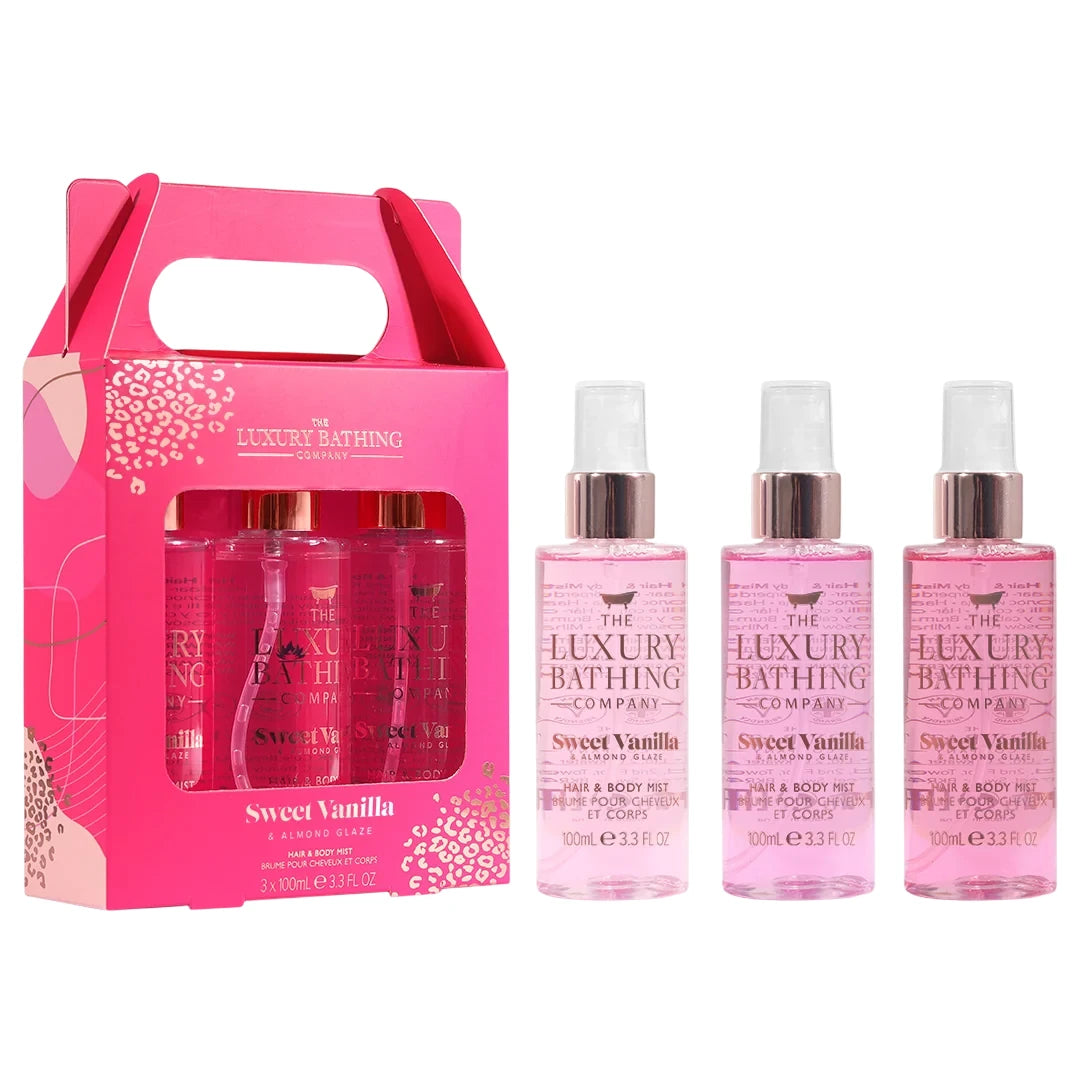 Sæt The Luxury Bathing Company: Sweet Vanilla & Almond Glaze, Duftmist til håret, Til kvinder, 100 ml + Sweet Vanilla & Almond Glaze, Opfriskende, Bodyspray, Akvatisk & Blomstret, 100 ml + Sweet Vanilla & Almond Glaze, Skinnende, Bodyspray, 100 ml