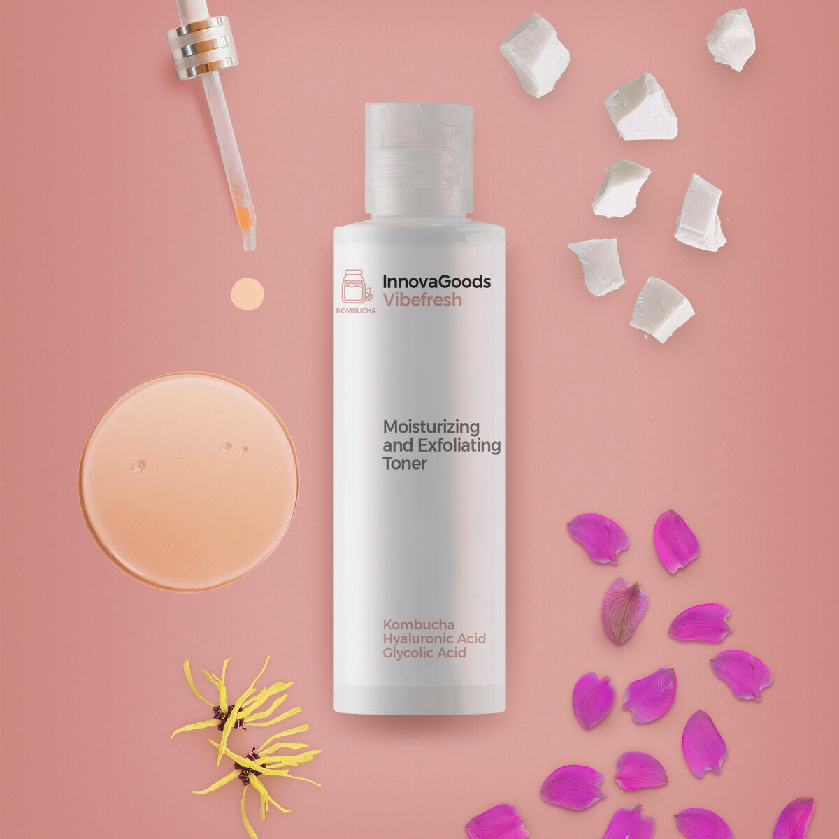 Fugtgivende og eksfolierende ansigtstoner Kombucha Vibefresh InnovaGoods 150 ml hudplejeemballage