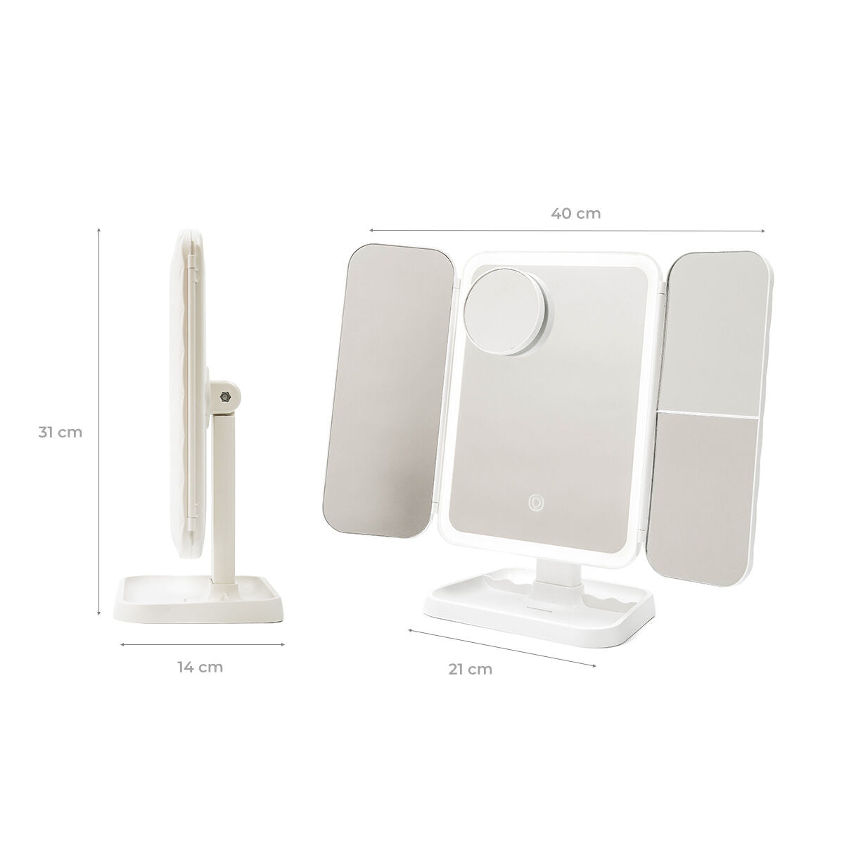 Genopladeligt Triptykon Makeup Spejl med Forstørrelse og LED Light Miled InnovaGoods produktemballage